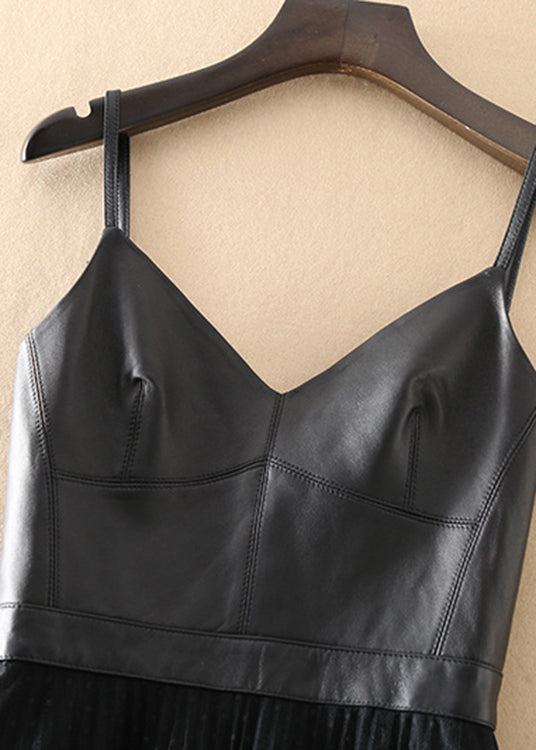 Black V Neck Sheepskin Patchwork Tulle Dress Sleeveless