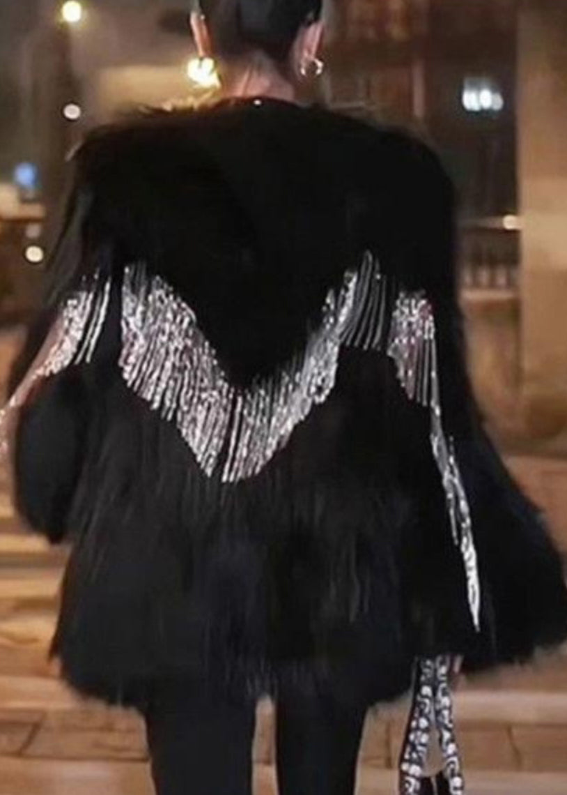 Black V Neck Tassel Patchwork Coats Spring
