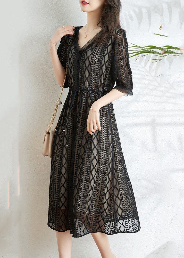 Black V Neck Tie Waist Silk Long Dress Half Sleeve