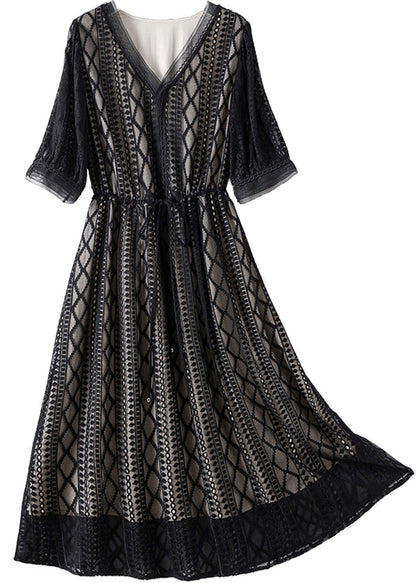 Black V Neck Tie Waist Silk Long Dress Half Sleeve