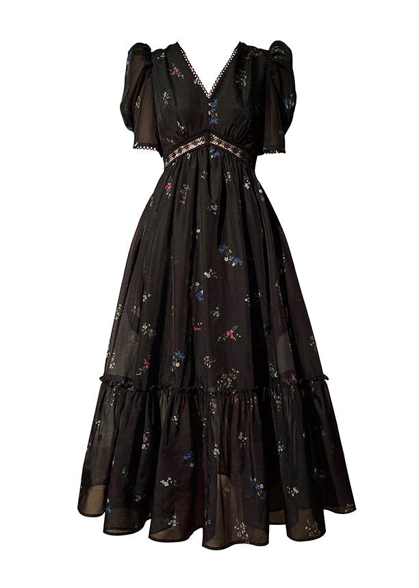 Black V Neck Zippered Print Chiffon Maxi Dresses Lantern Sleeve