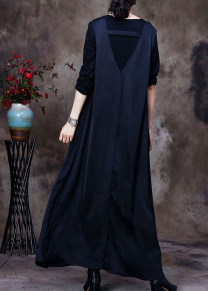 Black V Neck Pockets Silk Maxi Dresses Sleeveless