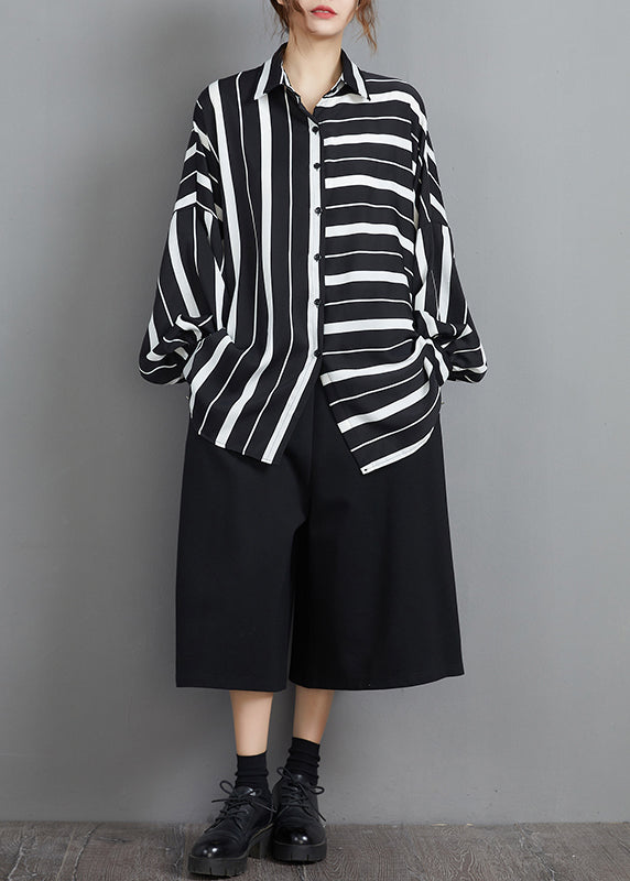Black White Button Peter Pan Collar Striped Patchwork Chiffon Blouse Top Long Sleeve