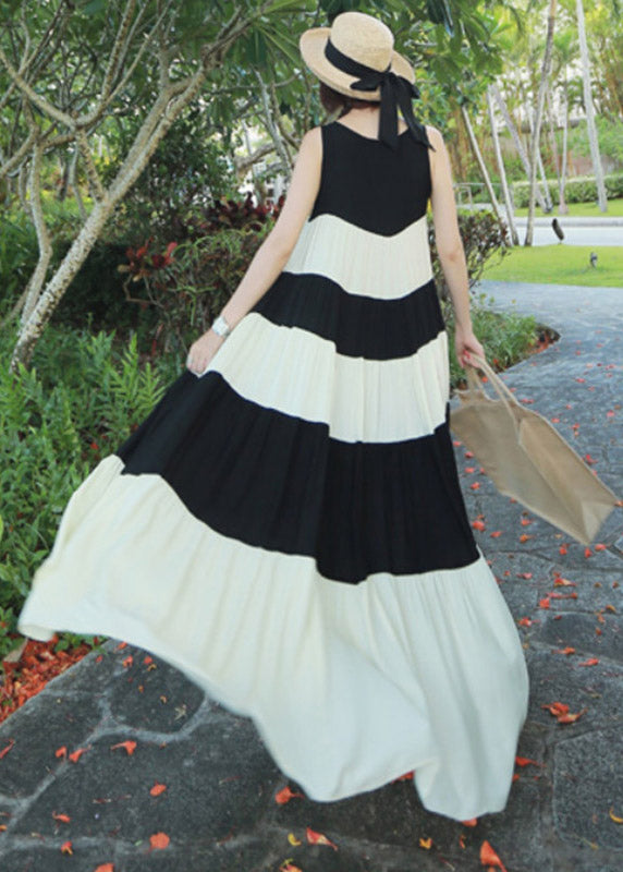 Black White Patchwork O-neck Tie Waist Chiffon Long Dress Sleeveless