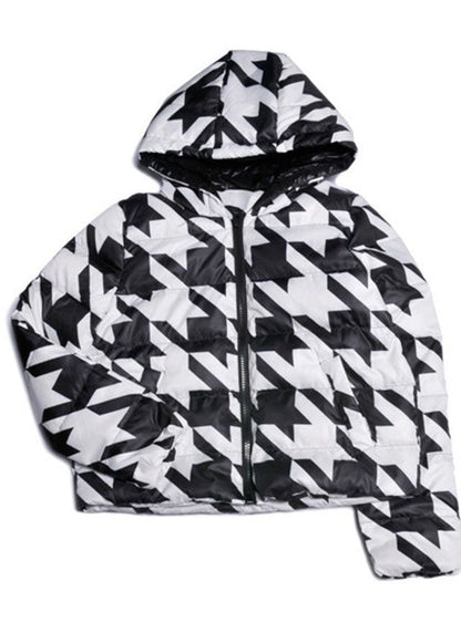 Black White Plaid Hooded Zippered Duck Down Puffer Jacket Winter