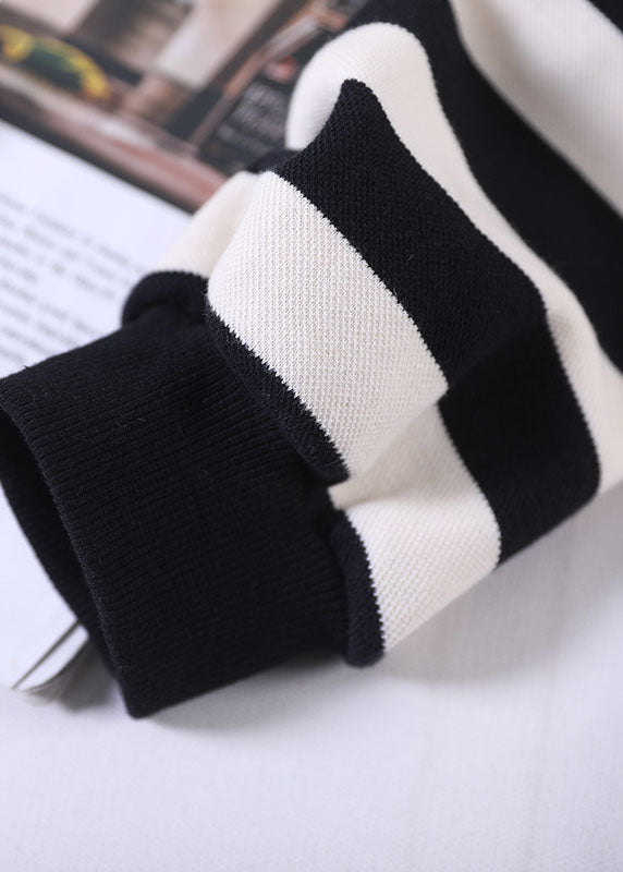 Black White Striped Hooded Drawstring Cotton Sweatshirts Top Long Sleeve