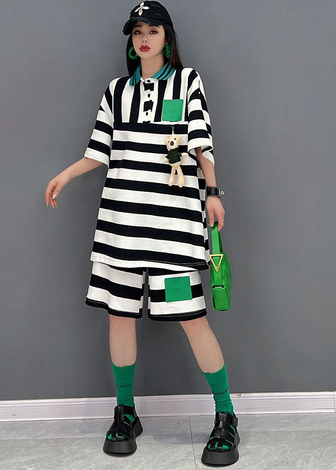 Black White Striped Peter Pan Collar Patchwork Applique Cotton Shirts and Shorts Two Pieces Set Summer