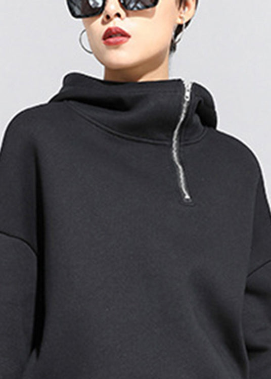Black Zip Up Patchwork Warm Fleece Hooded Sweatshirt Long Sleeve