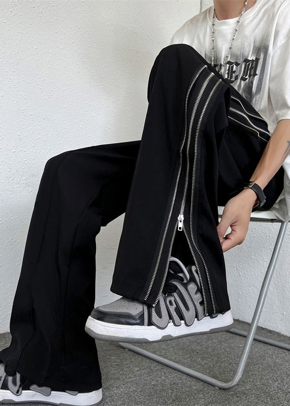 Black Zip Up Pockets Patchwork Cotton Wide Leg Pants Fall