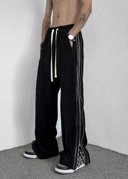 Black Zip Up Pockets Patchwork Cotton Wide Leg Pants Fall