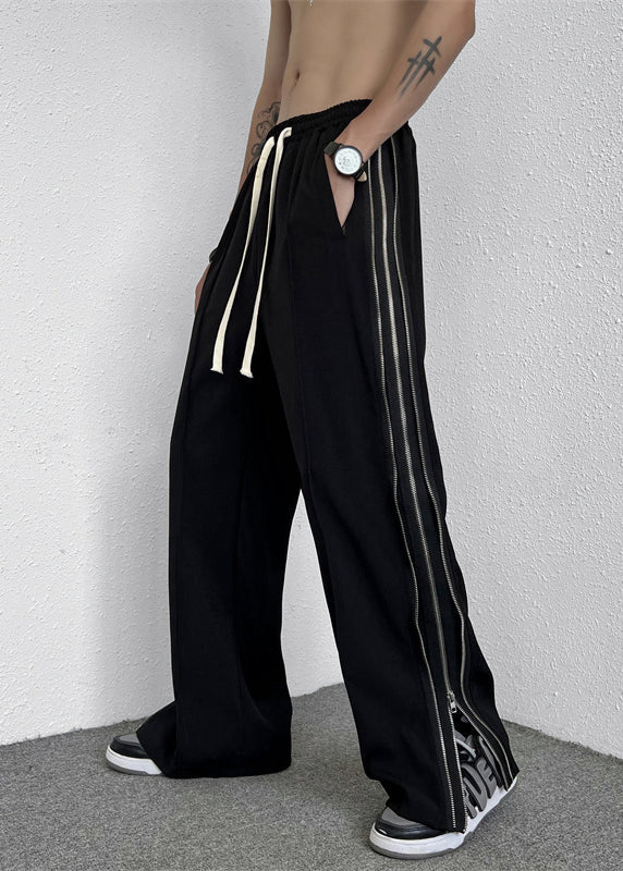 Black Zip Up Pockets Patchwork Cotton Wide Leg Pants Fall