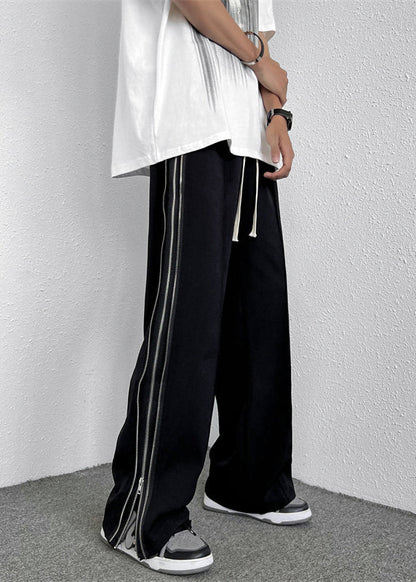 Black Zip Up Pockets Patchwork Cotton Wide Leg Pants Fall
