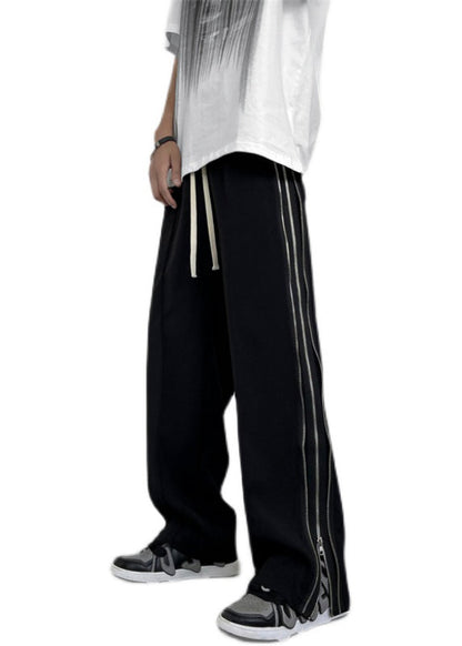 Black Zip Up Pockets Patchwork Cotton Wide Leg Pants Fall