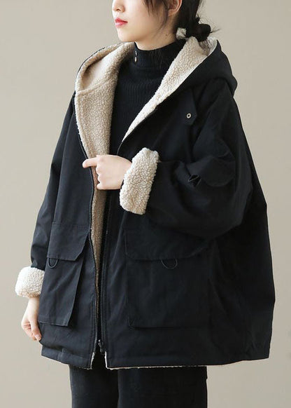 Black Zip Up Pockets Thick Fuzzy Wool Lined Cotton Hoodie Coat Winter