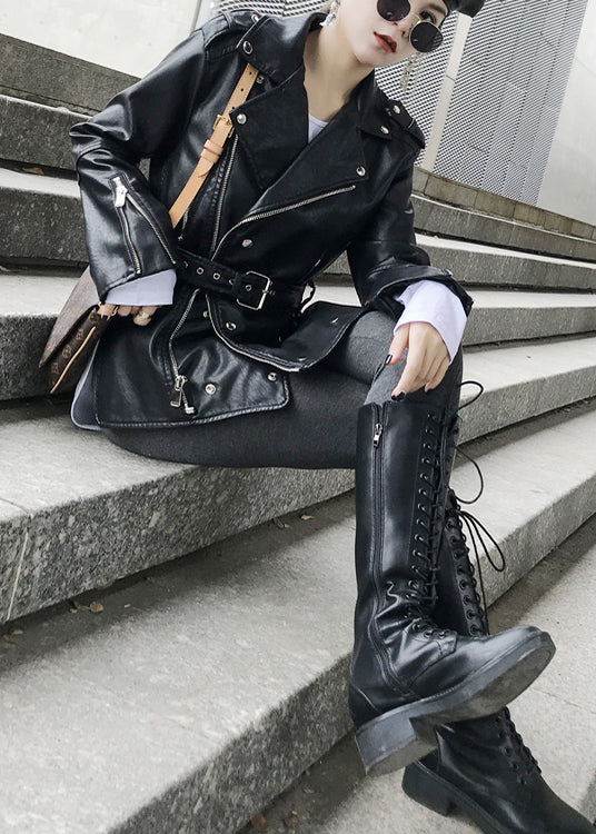 Black Zip Up Tie Waist Patchwork Faux Leather Coats Fall