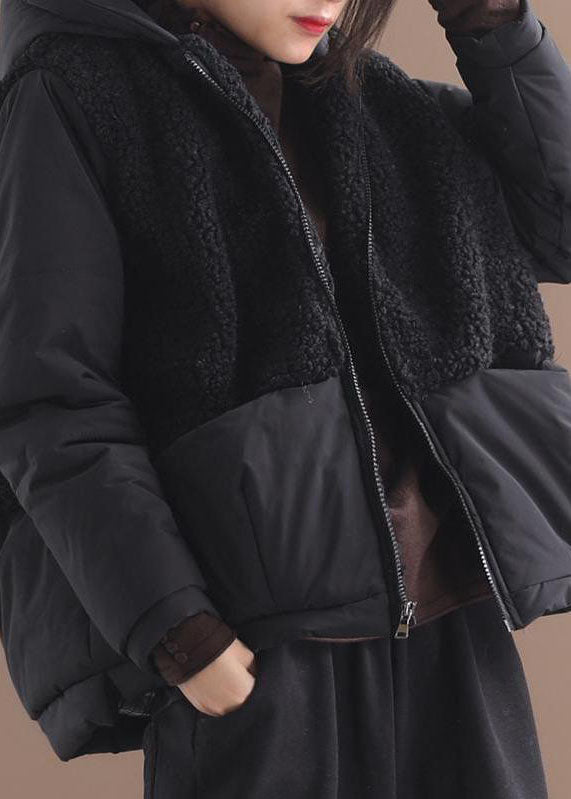 Black Hooded Patchwork Zippered Long Sleeve Winter Coat