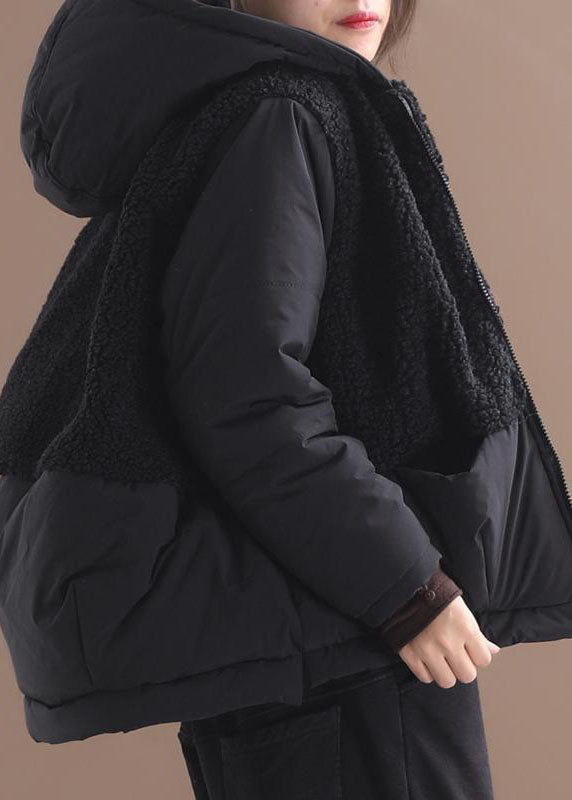 Black Hooded Patchwork Zippered Long Sleeve Winter Coat