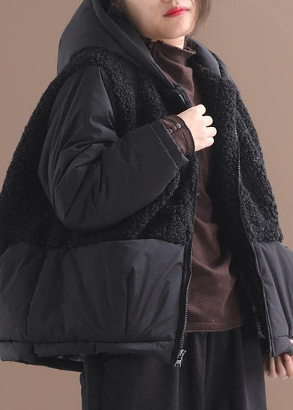 Black Hooded Patchwork Zippered Long Sleeve Winter Coat