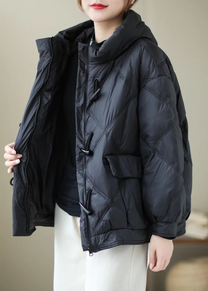 Black Hooded Zippered Winter Duck Down Winter Coats