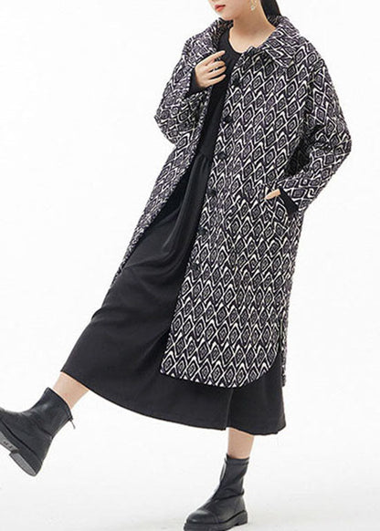 Black Side Open Peter Pan Collar Print Fine Cotton Filled Coats Winter