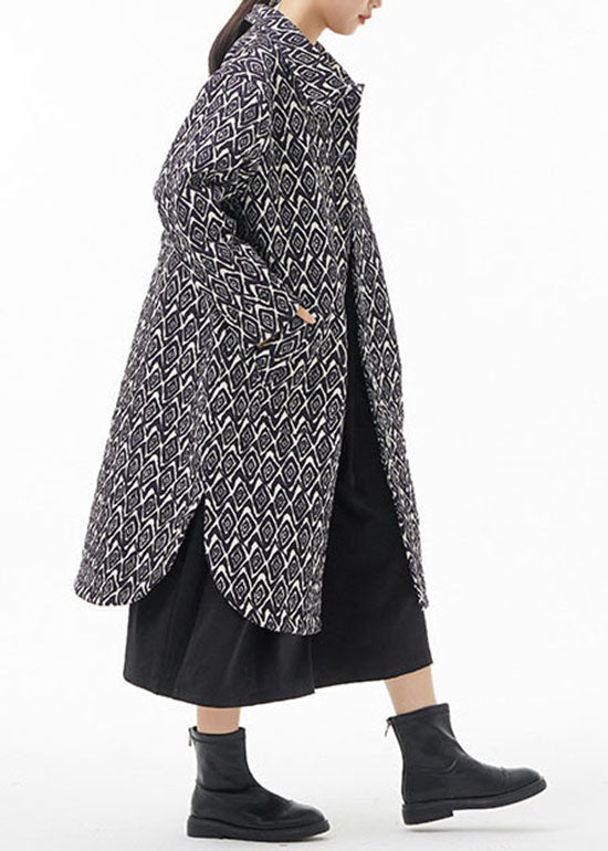 Black Side Open Peter Pan Collar Print Fine Cotton Filled Coats Winter