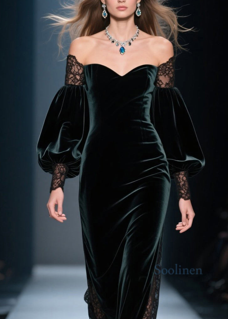 Blackish Green Cold Shoulder Lace Patchwork Velvet Dresses Spring