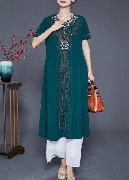 Blackish Green Embroideried Zircon Chiffon Maxi Dresses Summer