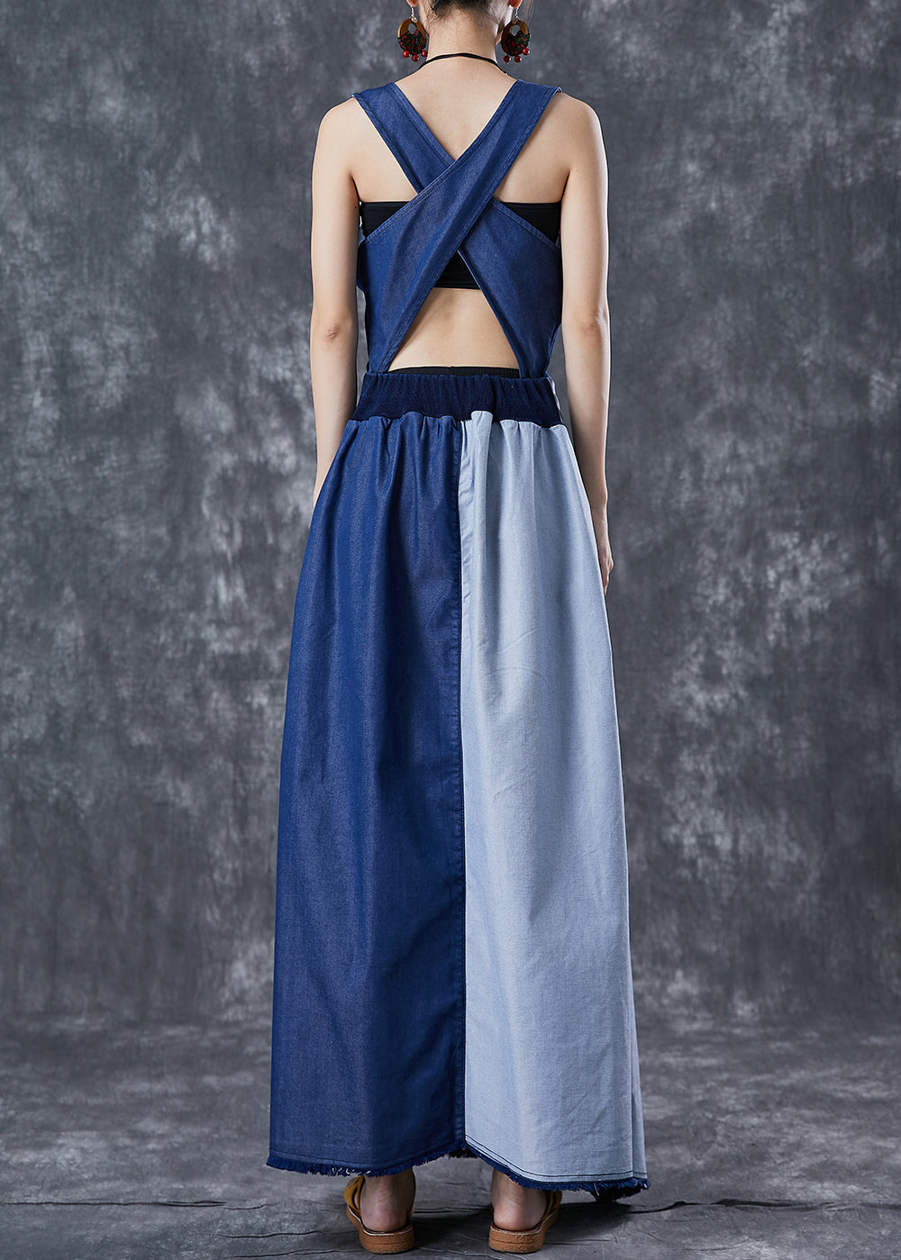 Blue Asymmetrical Patchwork Backless Denim Dress Summer
