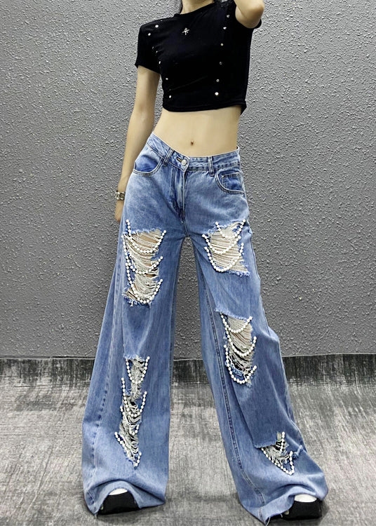 Blue Bead Decorated Pockets Ripped Denim Wide Leg Pants Spring