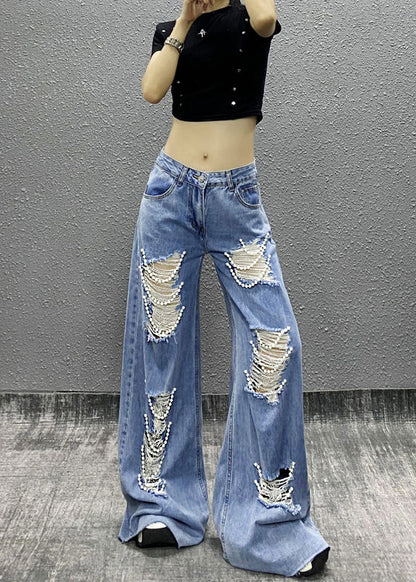 Blue Bead Decorated Pockets Ripped Denim Wide Leg Pants Spring