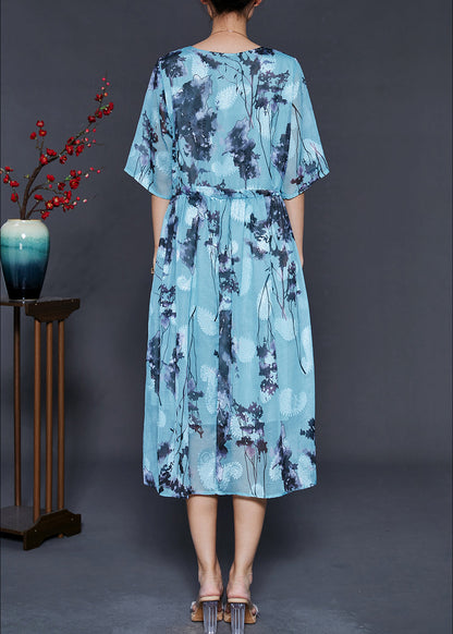 Blue Cinched Print Chiffon Long Dresses Summer