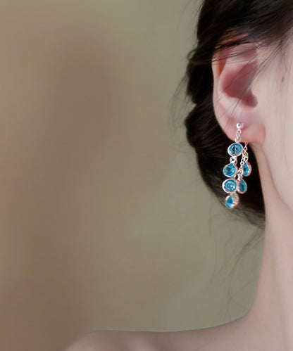 Blue Copper Crystal Bunch of Grapes Tassel Drop Earrings