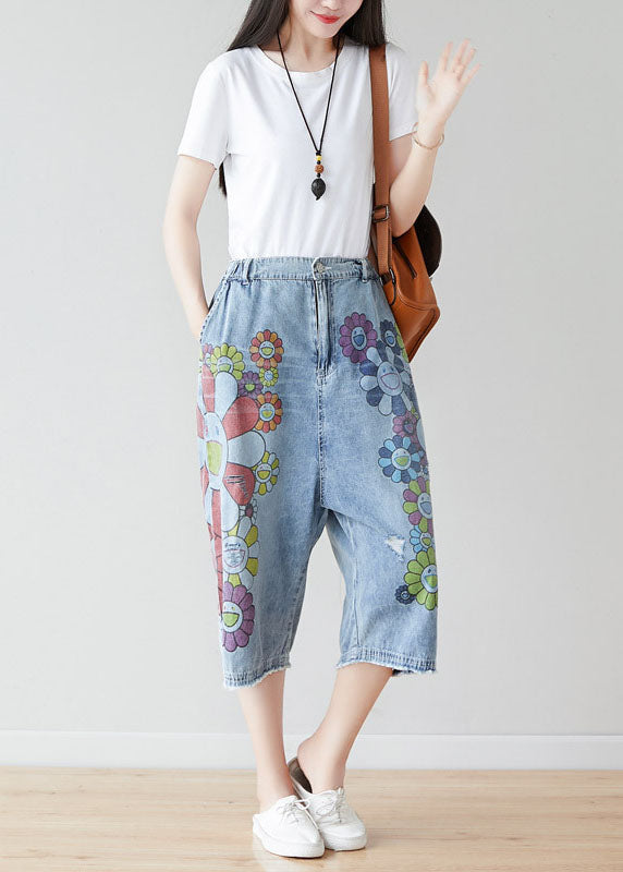 Blue Elastic Waist Oversized Print Cotton Wide Leg Pants Spring