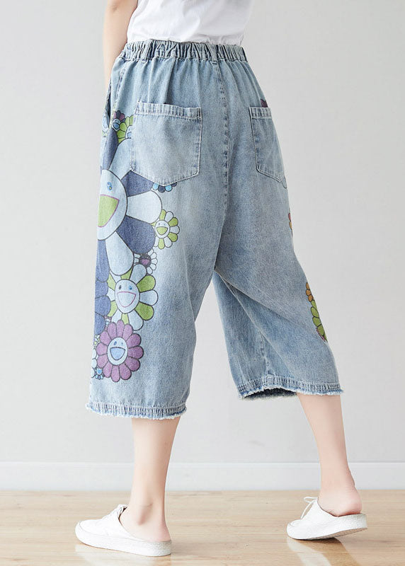 Blue Elastic Waist Oversized Print Cotton Wide Leg Pants Spring