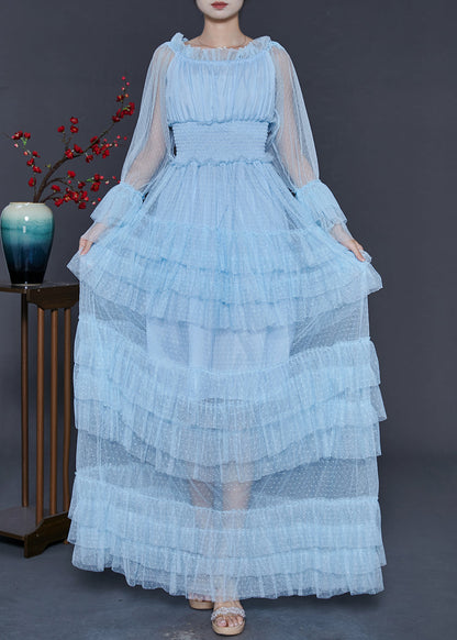 Blue Elastic Waist Patchwork Tulle Party Dress Spring