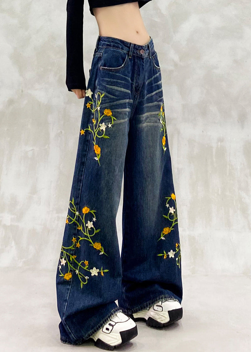 Blue Embroidered Pockets Patchwork Denim Pants Spring