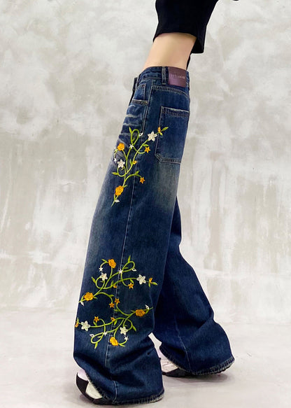 Blue Embroidered Pockets Patchwork Denim Pants Spring
