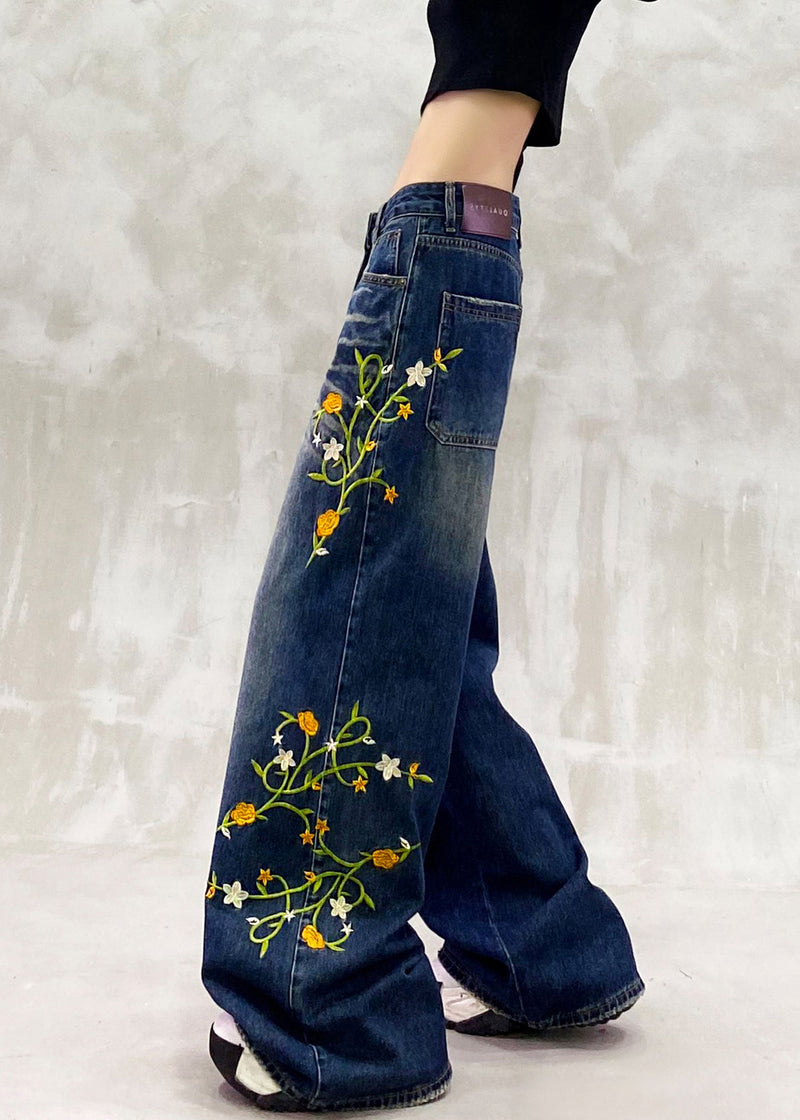 Blue Embroidered Pockets Patchwork Denim Pants Spring