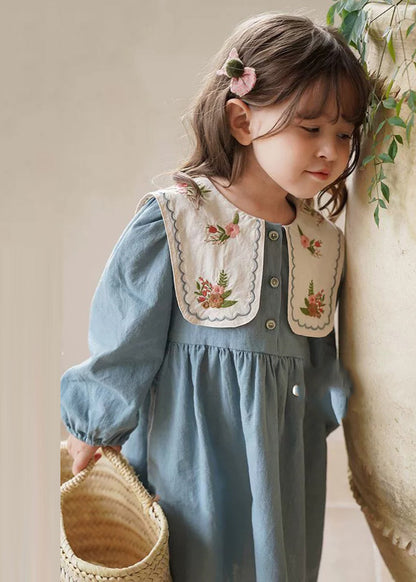 Blue Embroideried Patchwork Long Dress Fall
