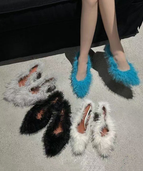 Blue Fuzzy Fur High Heels Pointed Toe