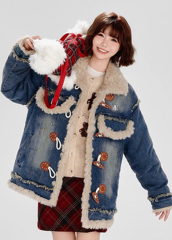 Blue Fuzzy Fur Patchwork Fine Cotton Filled Denim Coat Winter