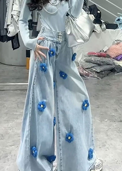 Blue High Waist Decorated Denim Wide Leg Pants Spring