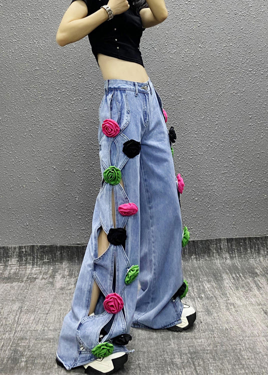 Blue Hollow Out Patchwork Denim Pants Spring