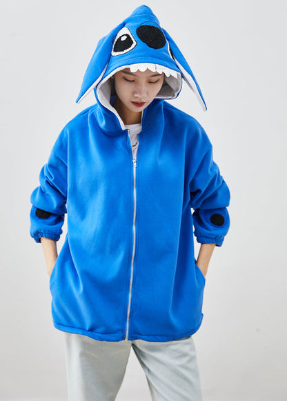 Blue Hooded Stitch Cotton Coat Fall