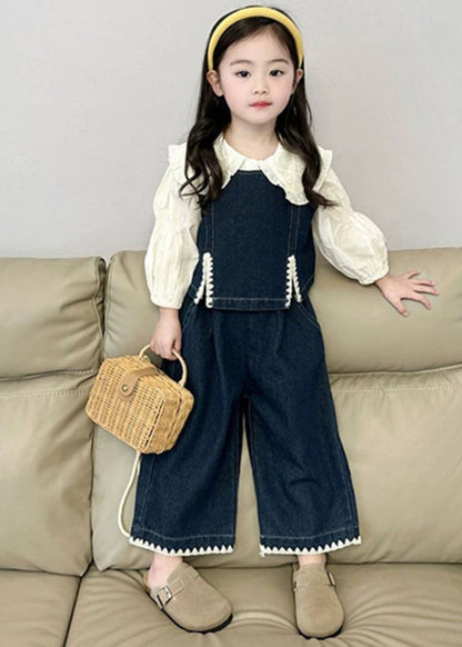 Blue Kids Denim Waistcoat Shirts and Crop Pants Three Pieces Set Spring