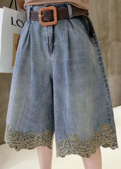 Blue Lace Patchwork Denim Hot Pants Summer