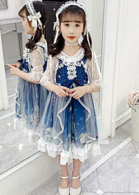 Blue Lace Patchwork Tulle Kids Long Dress Short Sleeve