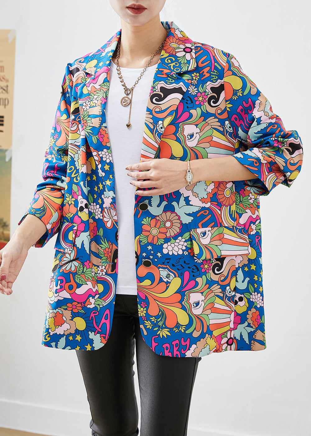 Blue Lapel Character Print Spandex Coats Fall