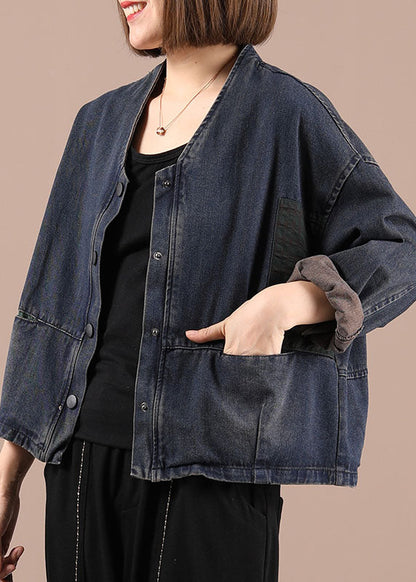 Blue Loose Pockets Button Fall Coat Long Sleeve