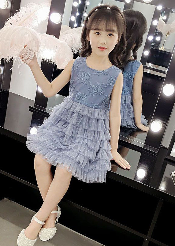 Blue O-neck Embroideried Dot Patchwork Tulle Party Mid Dress Sleeveless